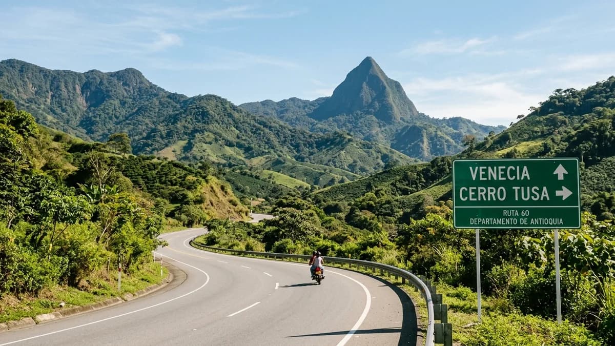 Carretera panorámica y señalización vial hacia Venecia y Cerro Tusa en el Suroeste antioqueño