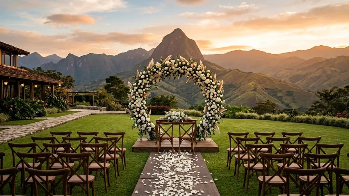 Outdoor countryside banquet table decorated for destination wedding finca in Antioquia