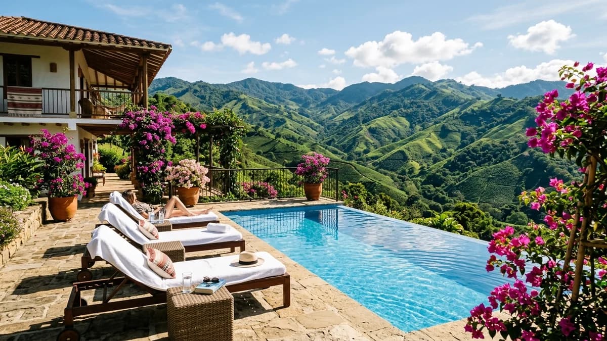 Finca campestre antioqueña con piscina cristalina, asoleadoras y vista panorámica a la cordillera verde