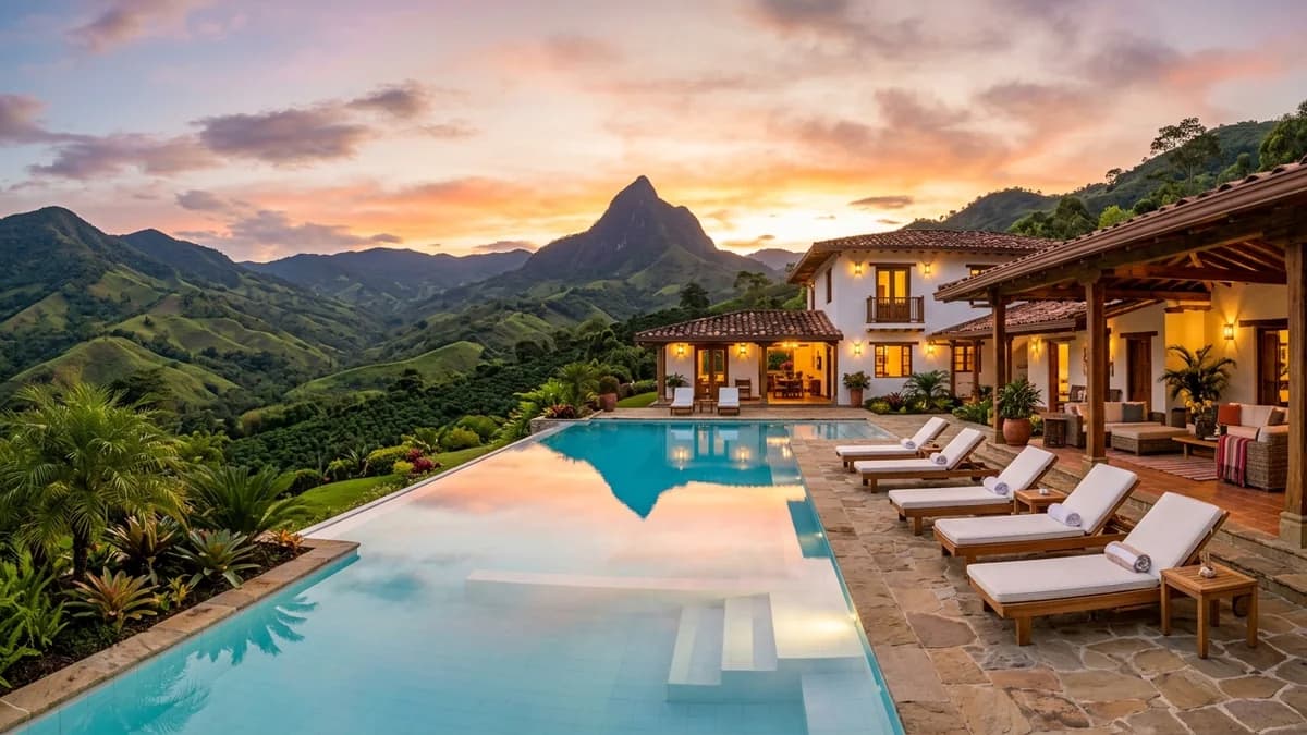 Infinity pool and panoramic terrace at private luxury hacienda for exclusive finca rental in Antioquia