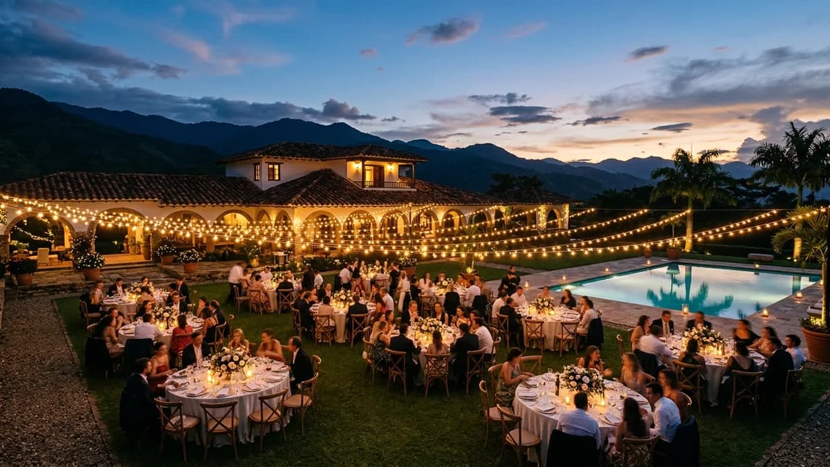Montaje campestre elegante para eventos y celebraciones privadas con vista a las montañas de Antioquia