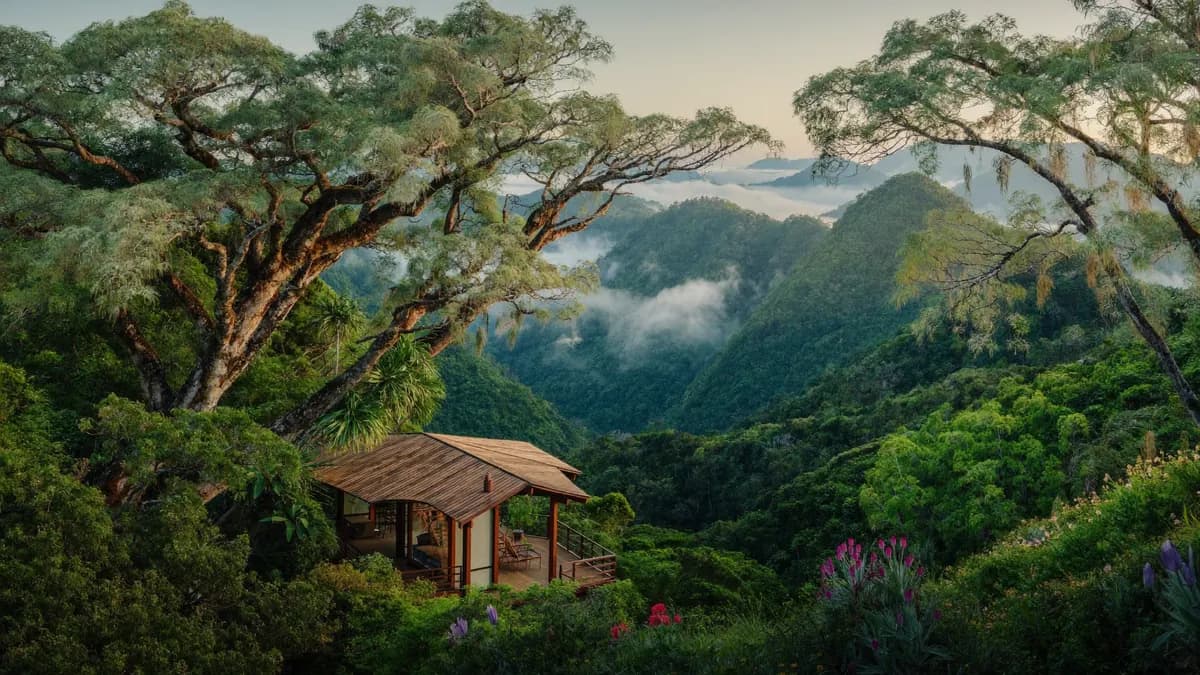 Andean cloud forest nature reserve with lush tropical foliage and soft mountain mist near Medellin