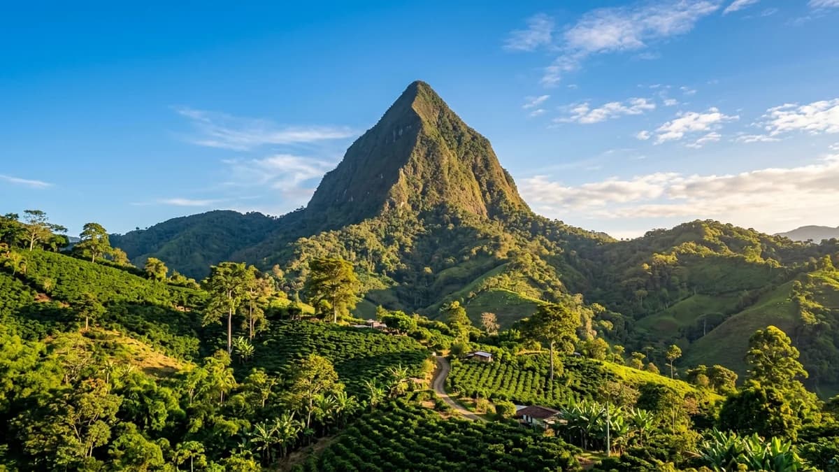 Silueta piramidal perfecta del Cerro Tusa iluminada por el sol de la mañana en Venecia Antioquia