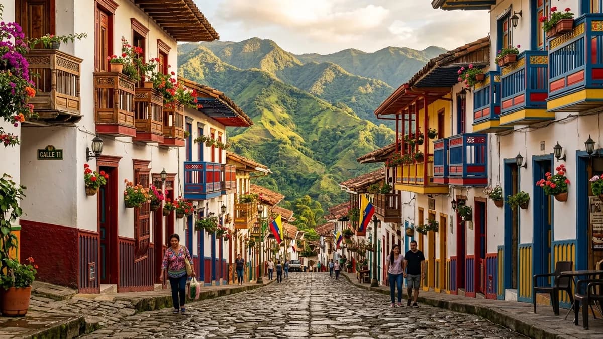 Calle patrimonial empedrada con casas coloniales de balcones florecidos de colores en pueblo tradicional de Antioquia