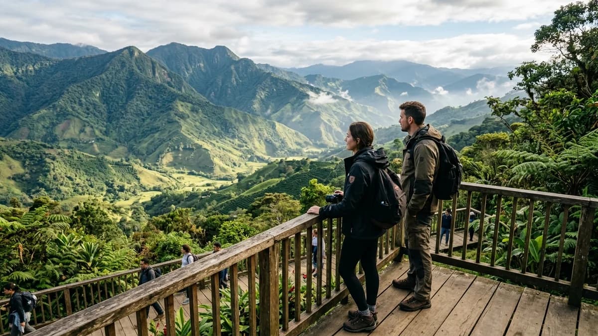 Scenic wooden viewpoint overlooking dramatic Andean mountain ridges and coffee valleys in Antioquia with travelers admiring the vista