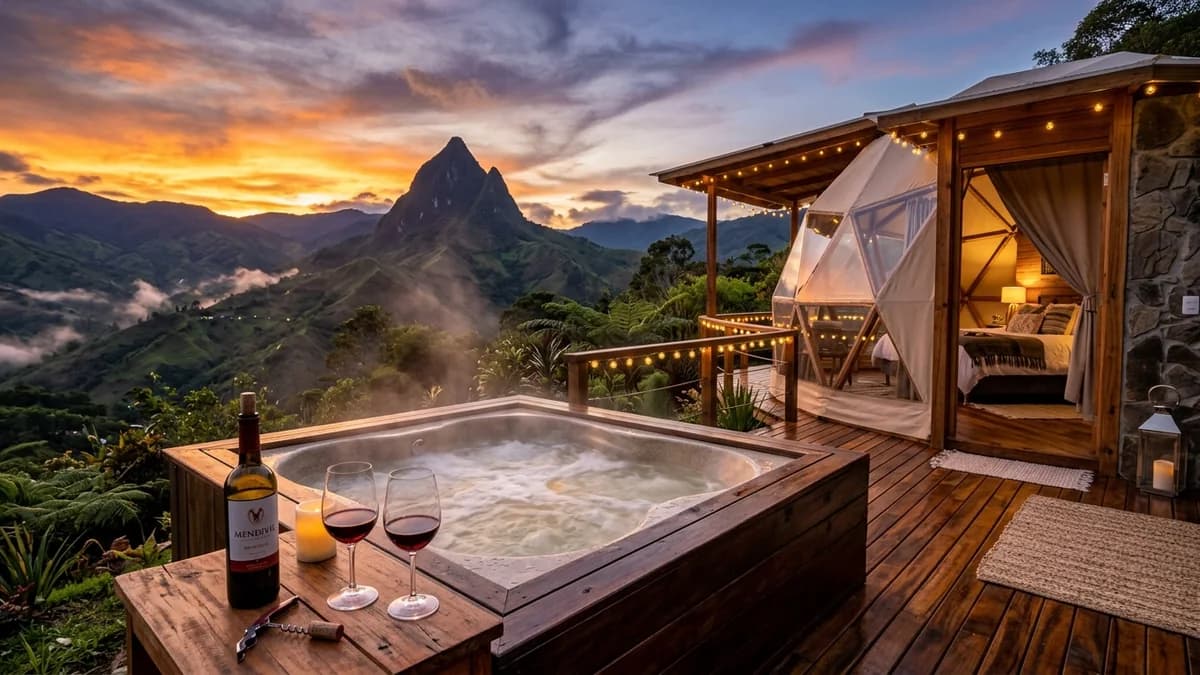 Domo de lujo con jacuzzi exterior de hidromasaje, copas de vino tinto y atardecer frente al Cerro Tusa