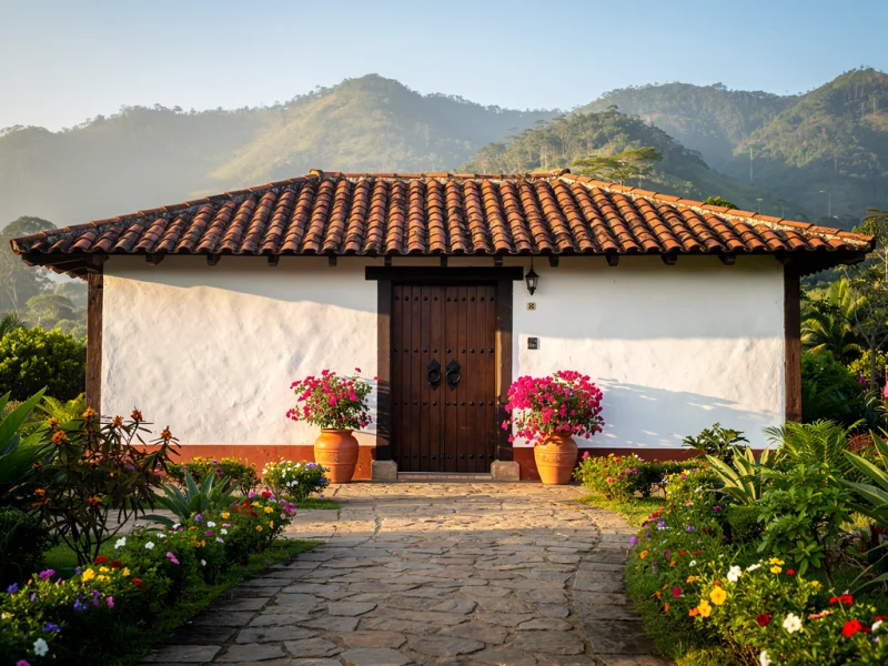 Entrada de una finca antioqueña con camino de piedra entre flores y montañas verdes en la mañana