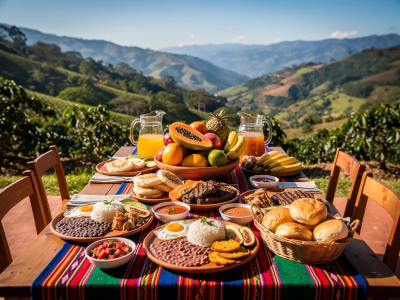 Almuerzo campestre antioqueño al aire libre en una terraza de finca con vista a la montaña, frutas frescas y comida tradicional