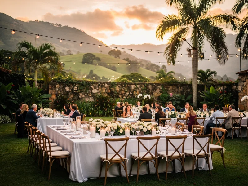 Outdoor wedding reception in the garden of a finca in Antioquia, long tables with flowers and lights in front of the mountains