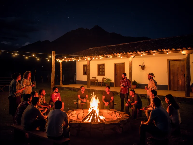 Night bonfire at a finca in Antioquia, warm flames with hanging lights and the silhouette of the mountain behind