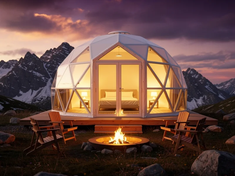 Domo geodésico de glamping al atardecer con luces cálidas en el interior, fogata afuera y vista a la montaña