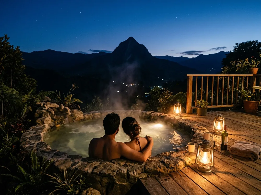 Pareja disfrutando del jacuzzi exterior de piedra al anochecer con faroles cálidos y vista a la montaña