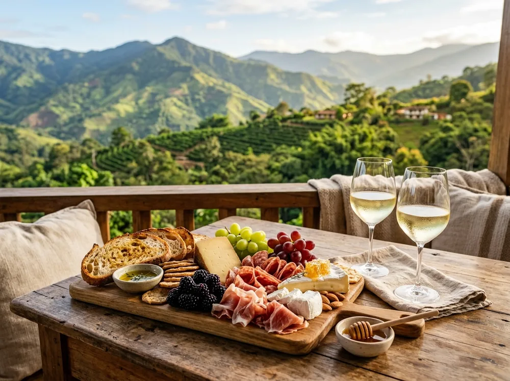 Tabla de quesos artesanales, frutas frescas y copas de vino servidas en balcón de madera con vista a los cafetales