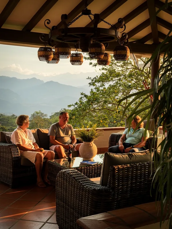 Huéspedes disfrutando de una tertulia al atardecer en el área social de La Juana Cerro Tusa con vista panorámica a las montañas