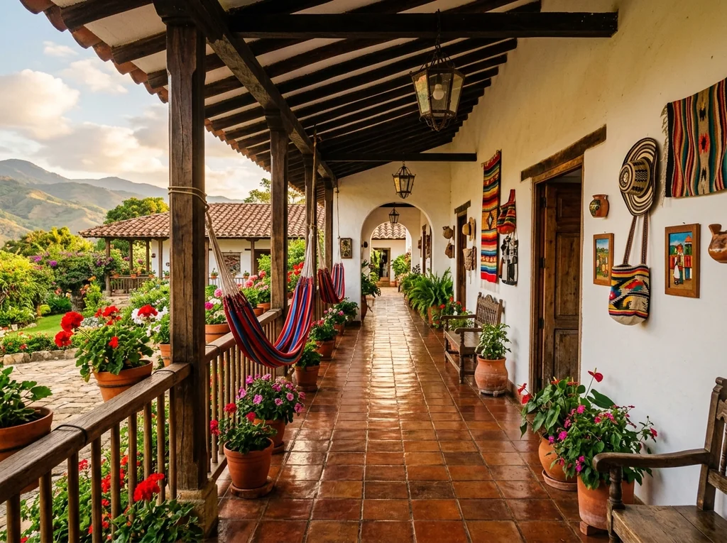 Traditional colonial veranda with authentic regional handicrafts and blooming flowers