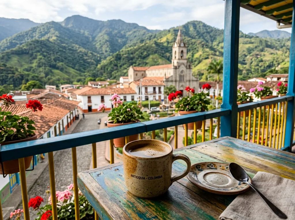 Freshly brewed cup of specialty Colombian coffee in traditional colonial town square