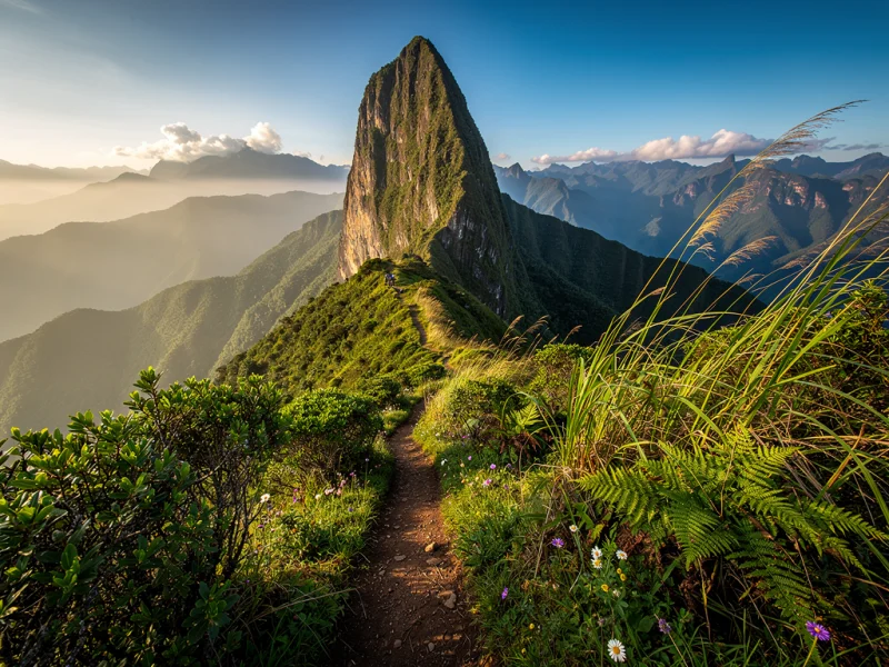 Sendero de ascenso al Cerro Tusa en Venecia Antioquia, entre montañas verdes y vegetación tropical
