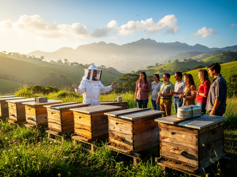 Tour de las abejas en Venecia Antioquia, colmenas de madera en un valle verde con apicultor en traje blanco