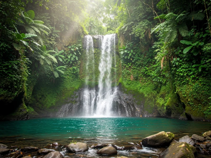 Cascada entre vegetación tropical en el cañón de Venecia Antioquia, agua cristalina cayendo a una poza natural